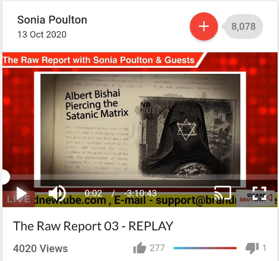 Screenshot of the intro credits to Sonia Poulton's 2020 show where she advertises extreme antisemite Albert Bishai's "Satanic Matrix"