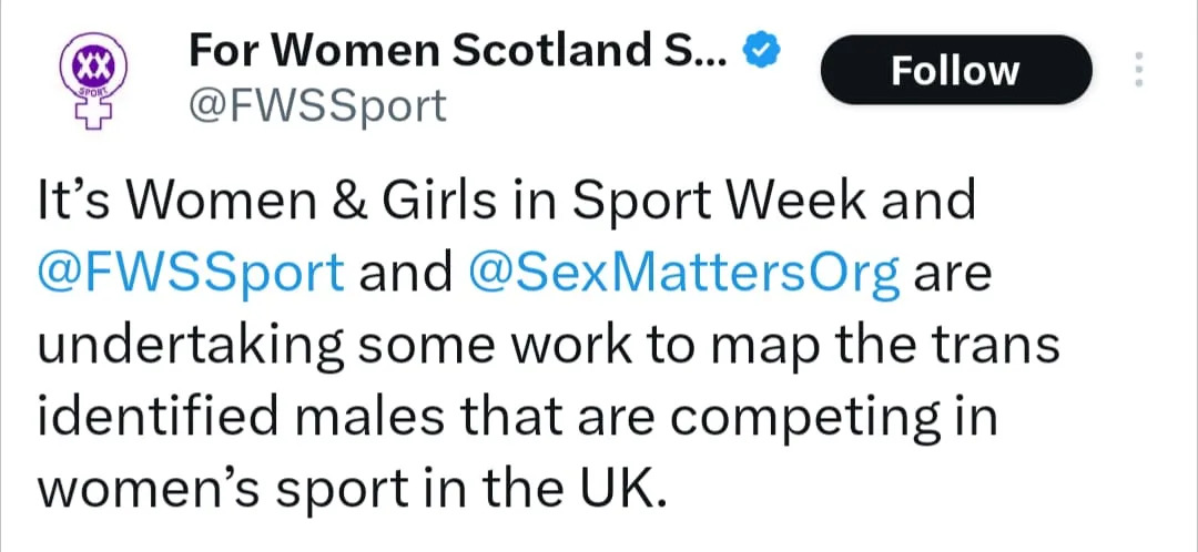 Screenshot from Twitter by ForWomenScotland Sports: It's women and girls in sport week and FWSSport and Sex Matters Org are undertaking some work to map the trans identified males that are competing in women's sport in the UK