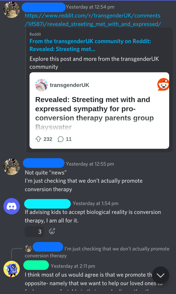 Forum post responding to news about Wes Streeting. One user says "If advising kids to accept biological reality is conversion therapy, I am all for it"