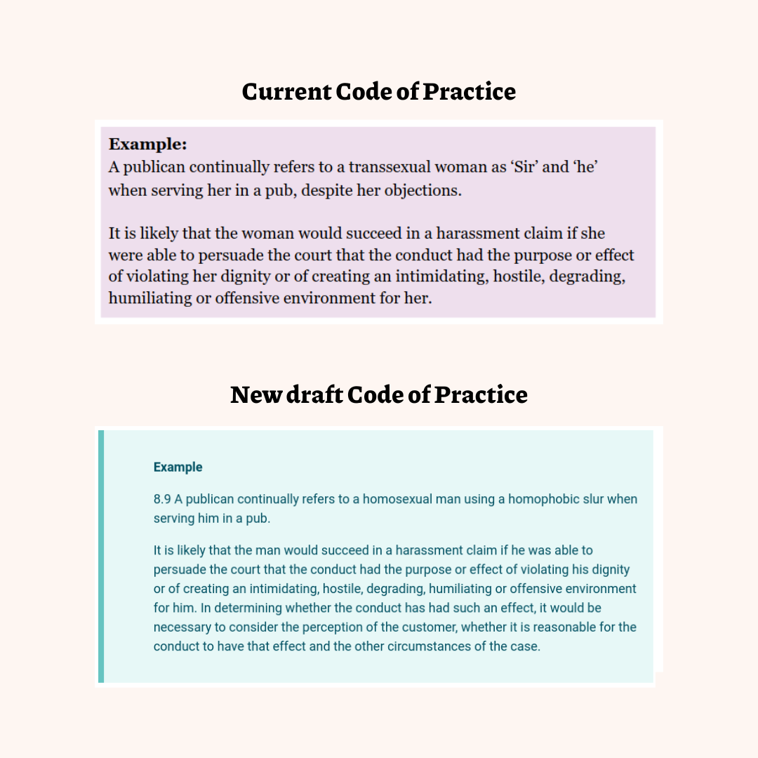 Current Code of Practice

"Example:
A publican continually refers to a transsexual woman as ‘Sir’ and ‘he’ when serving her in a pub, despite her objections.

It is likely that the woman would succeed in a harassment claim if she were able to persuade the court that the conduct had the purpose or effect of violating her dignity or of creating an intimidating, hostile, degrading, humiliating or offensive environment for her."

New draft Code of Practice
"Example
8.9 A publican continually refers to a homosexual man using a homophobic slur when serving him in a pub.
It is likely that the man would succeed in a harassment claim if he was able to persuade the court that the conduct had the purpose or effect of violating his dignity or of creating an intimidating, hostile, degrading, humiliating or offensive environment for him. In determining whether the conduct has had such an effect, it would be necessary to consider the perception of the customer, whether it is reasonable for the conduct to have that effect and the other circumstances of the case."