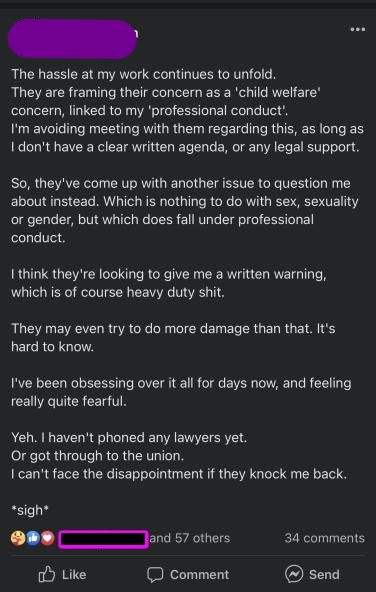 Andrea: the hassle at my work continues to unfold. They are framing their concern as a 'child welfare' concern, linked to my 'professional conduct'