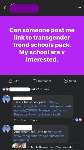 Andrea: purple background, dated 5th, September 2019 "Can someone post me link to Transgender Trend schools pack. My school are v interested." And then replies underneath from anonymised users contain the links to the Transgender Trend Schools Resource pack