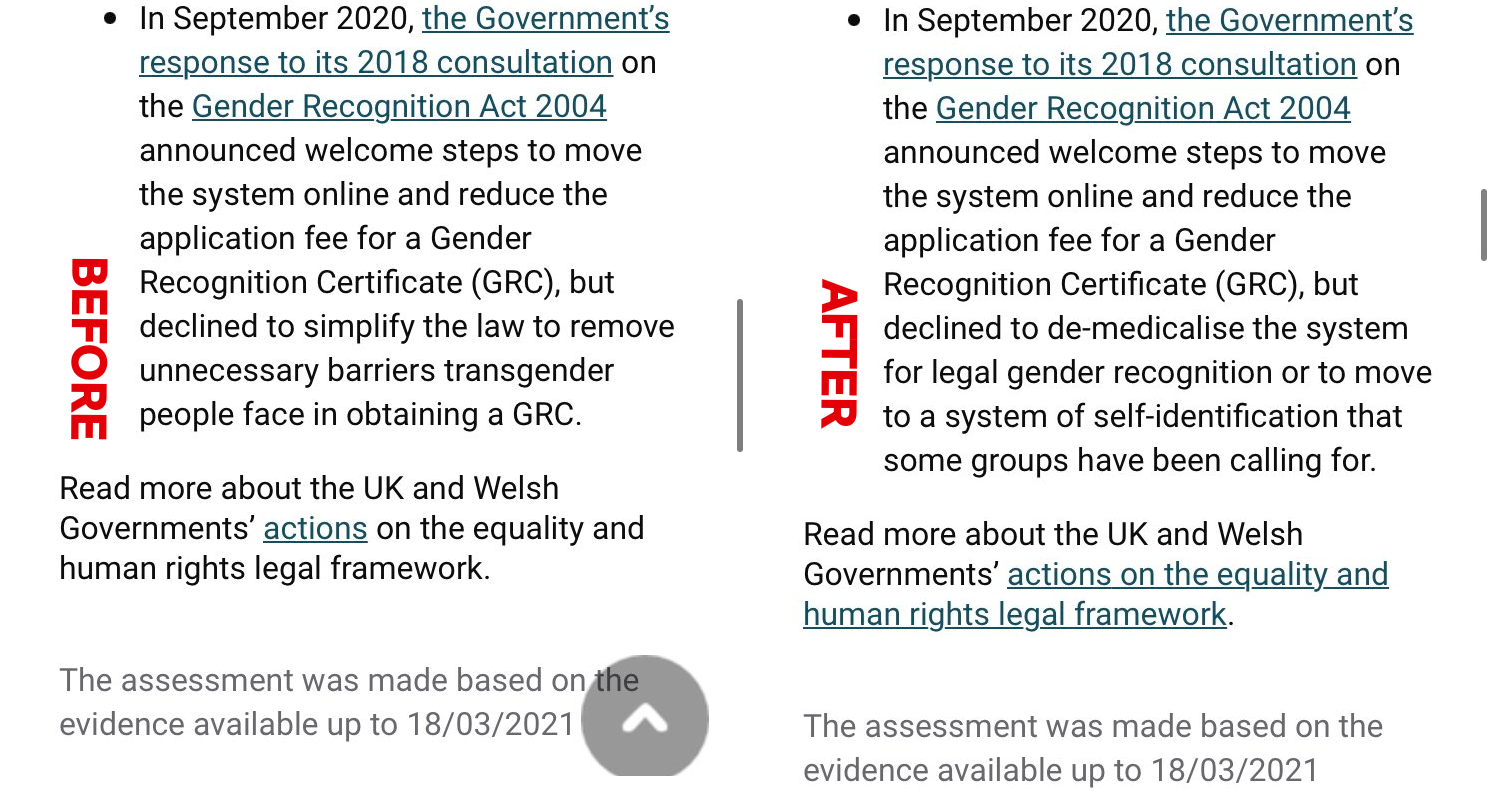 Before, EHRC progress page describes failure to remove unnecessary barriers. After, EHRC page describes not demedicalising, and presents this not as something which had previously been recommended (it had), but as something which had been previously called for by 'some groups'.