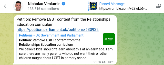 Telegram: Nicholas Veniamin channel. Petition: Remove LGBT content from the Relationships Education Curriculum. Seen by 21.5k viewers at evening of 18th January