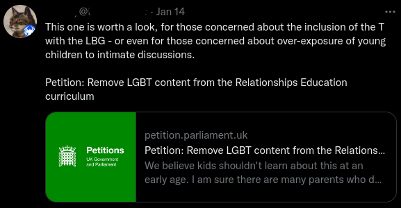 Gender Critical account posts petition warning about "the inclusion of the T with the LGB - or even for those concerned about the over-exposure of young children to intimate discussions."