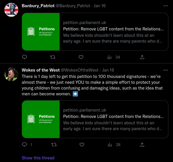 Petition posted by "Banbury Patriot" and "Wokes of the West" - a right wing account which trolls left wing or liberal accounts using the racist dogwhistle "wokes"