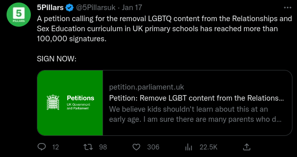 Post of the petition by 5Pillars saying "A petition calling for the removal of LGBTQ content from the Relationships and Sex Education Curriculum in UK primary schools has reached more than 100,000 signatures. SIGN NOW