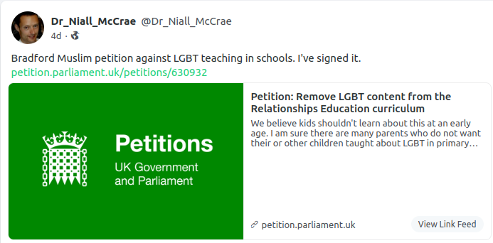 Dr Niall McCrae on Gab: "Bradford Muslim petition against LGBT teaching in schools. I've signed it"