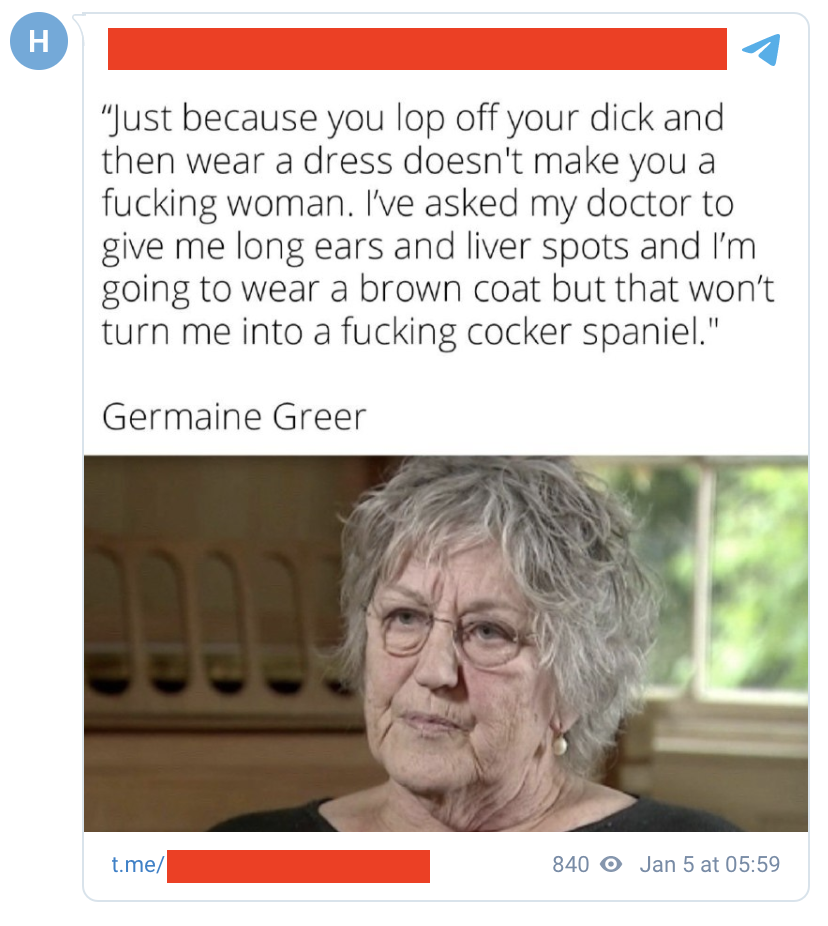 A far right group on telegram shares a quote from Germaine Greer.
