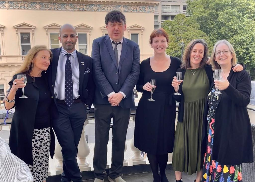 Stella O’Malley, Az Hakeem, Graham Linehan, Stella O Malley and Helen Joyce on the balcony of the Athenaeum dining club