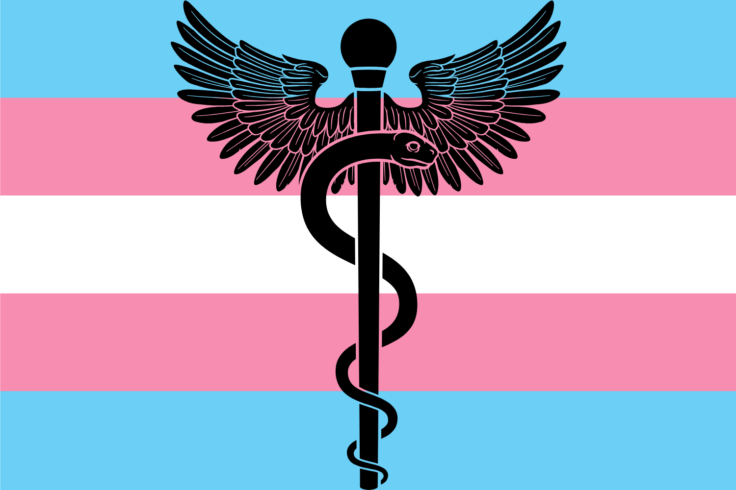 A rod of Asclepius against a background of a trans flag