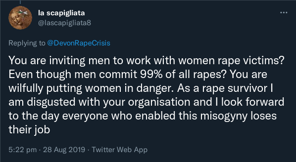 La Scapigliata tweets: "You are inviting men to work with women rape victims? Even though men commit 99% of all rapes? You are wilfully putting women in danger. As a rape survivor I am disgusted with your organisation and I look forward to the day everyone who enabled this misogyny loses their job"