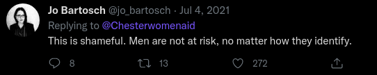 Gender Critical journalist Josephine Bartosch tweeting at Chester Women's Aid: "This is Shameful, Men are not at risk, no matter how they identify"