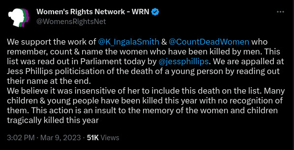 Tweet by Women's Rights Network (@WomensRightsNet) - We support the work of @K_IngalaSmith & @CountDeadWomen who remember, count & name the women who have been killed by men. This list was read out in Parliament today by @jessphillips. We are appalled at Jess Phillips politicisation of the death of a young person by reading out their name at the end. We believe it was insensitive of her to include this death on the list. Many children & young people have been killed this year with no recognition of them. This action is an insult to the memory of the women and children tragically killed this year.