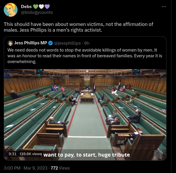 Tweet by Debs (@biologycounts) - This should have been about women victims, not the affirmation of males. Jess Phillips is a men’s rights activist.