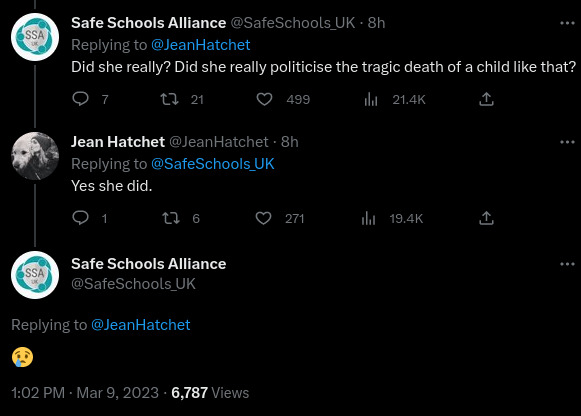 Tweet by Safe Schools Alliance (@SafeSchools_UK) Did she really? Did she really politicise the tragic death of a child like that?