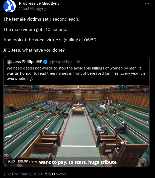 Tweet from Progressive Misogyny (@JustMisogyny) - The female victims get 1 second each. The male victim gets 10 seconds. And look at the vocal virtue signalling at 06:50. JFC Jess, what have you done?