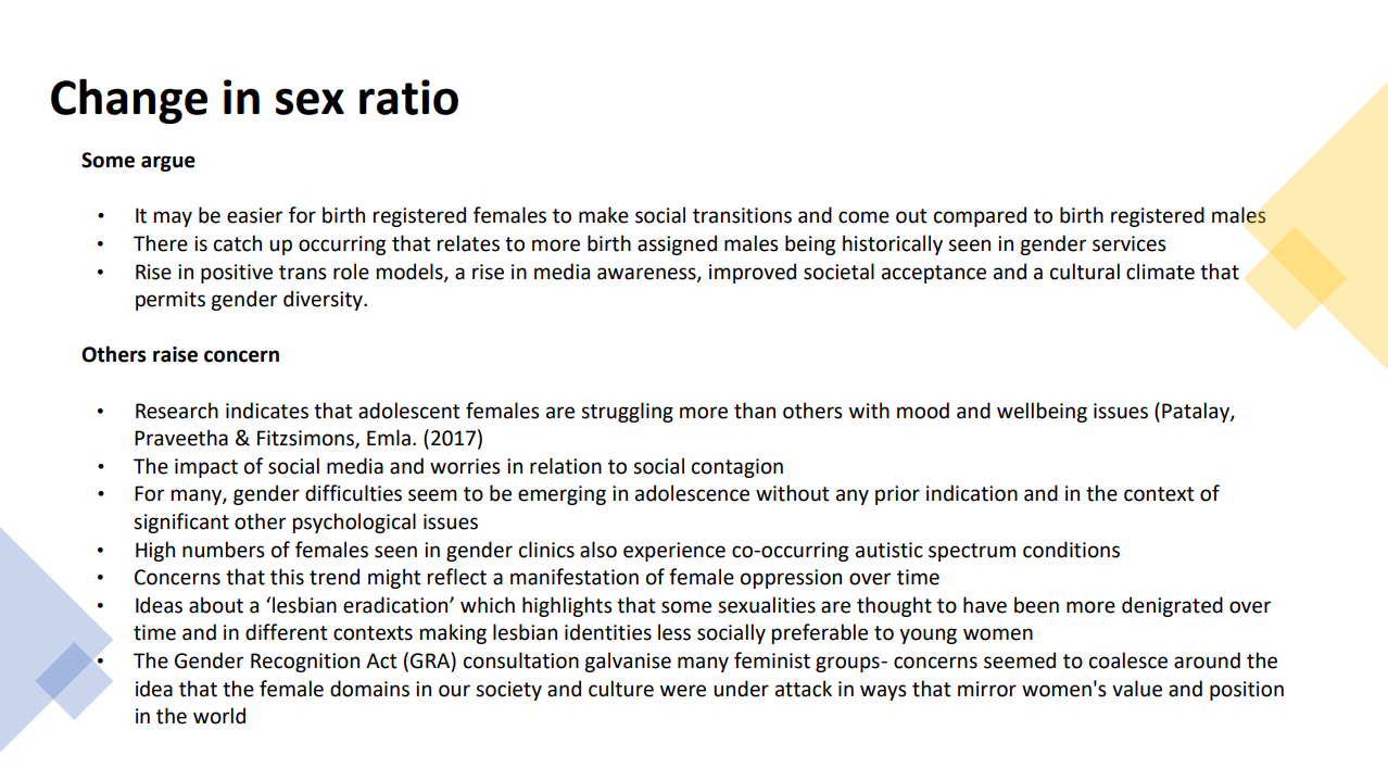 Slide entitled: "Change in Sex Ratio" featuring the "two sides" presentation, "some argue", vs "others raise concern"