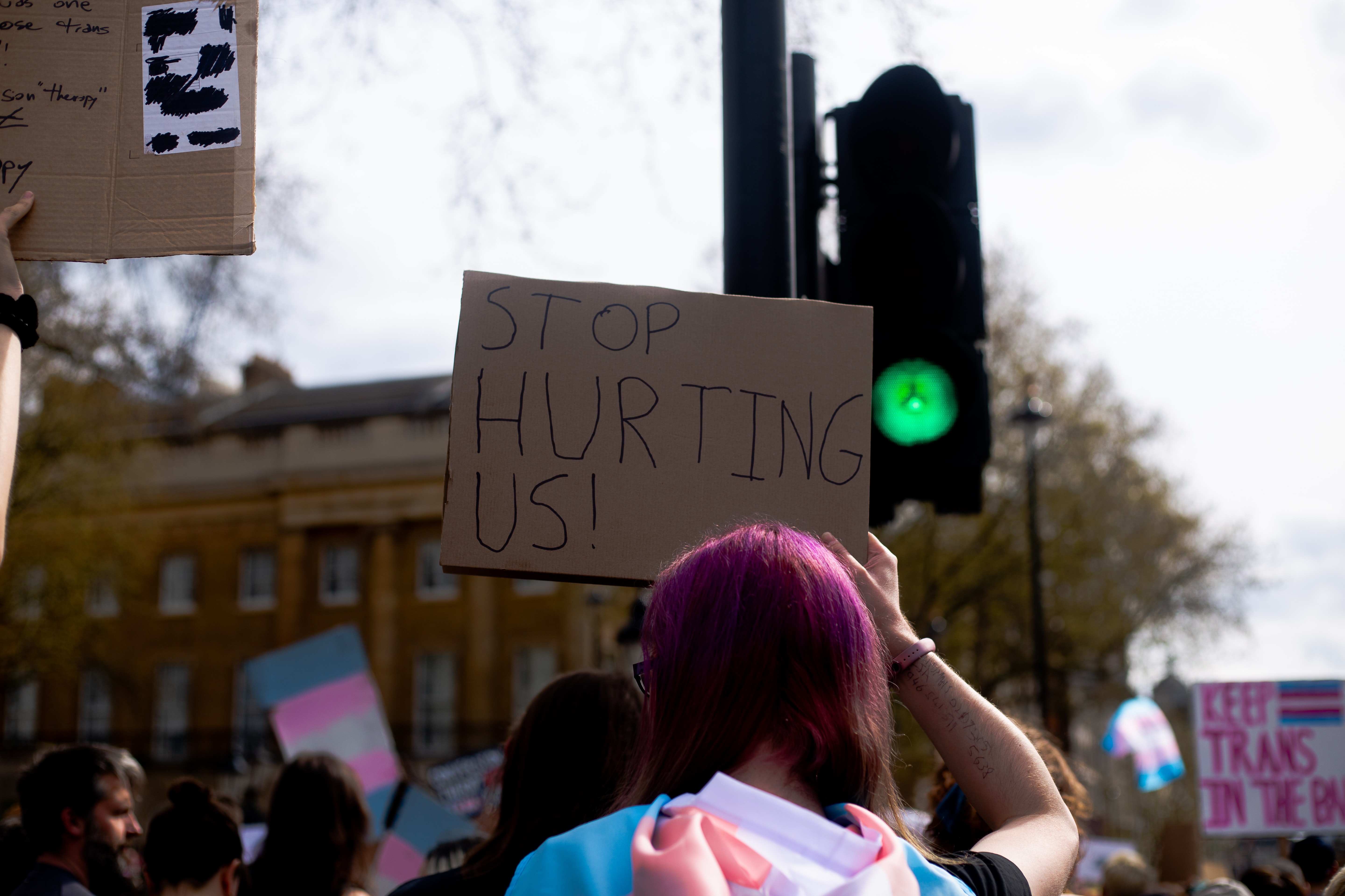 A placard from trans protest against conversion therapy, reading "Stop Hurting Us!"