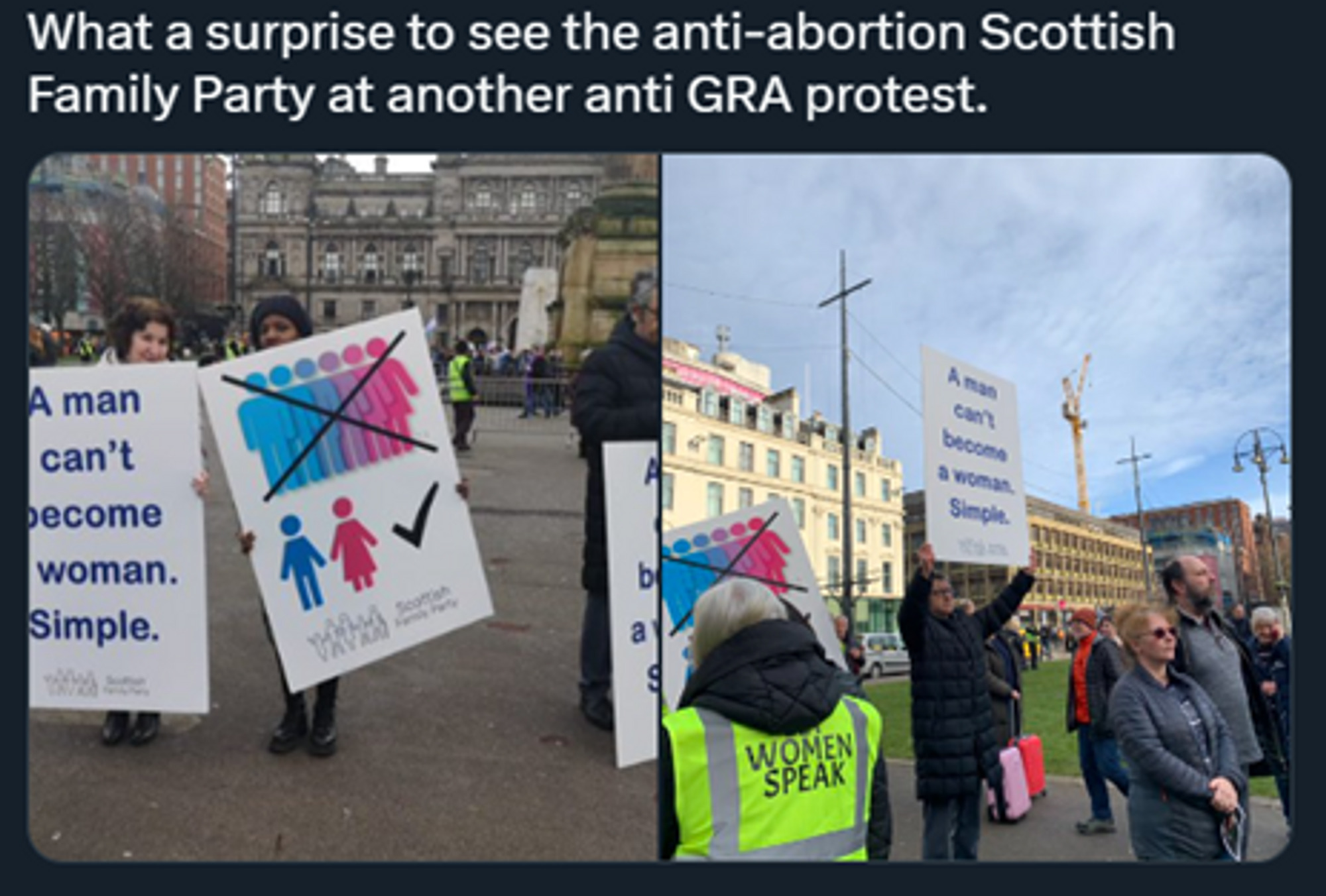 Tweet screenshot, handle cropped, says "What a surprise to see the anti-abortion Scottish Family Party at another anti-GRA protest, with photos depicting the SFP in attendance
