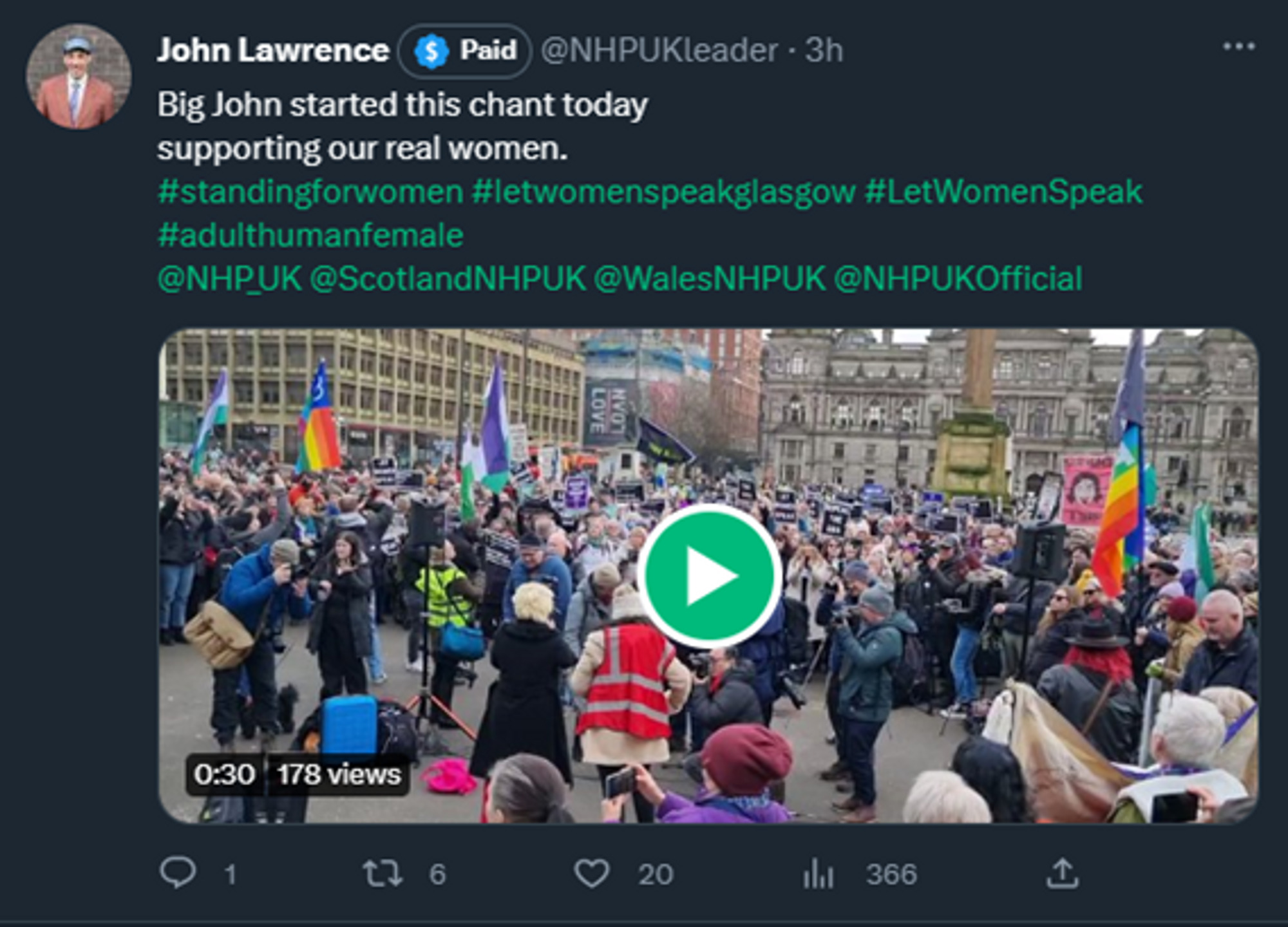 John Lawrence, National Housing Party UK Leader tweets: Big John started this chant today supporting our real women. #standingforwomen #letwomenspeakglasgow #LetWomenSpeak #adulthumanfemale @NHP_UK @ScotlandNHPUK @WalesNHPUK @NHPUKOfficial. A video is attached