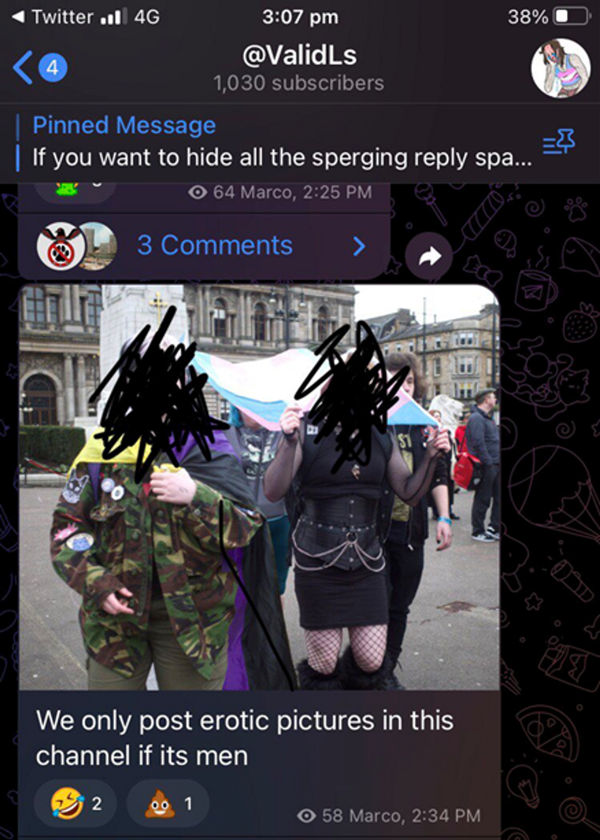 Screenshot from Telegram channel for ValidLs: Two trans people pictured (identities obscured by TSN). Captioned "We only post erotic pictures in this channel if it's men"