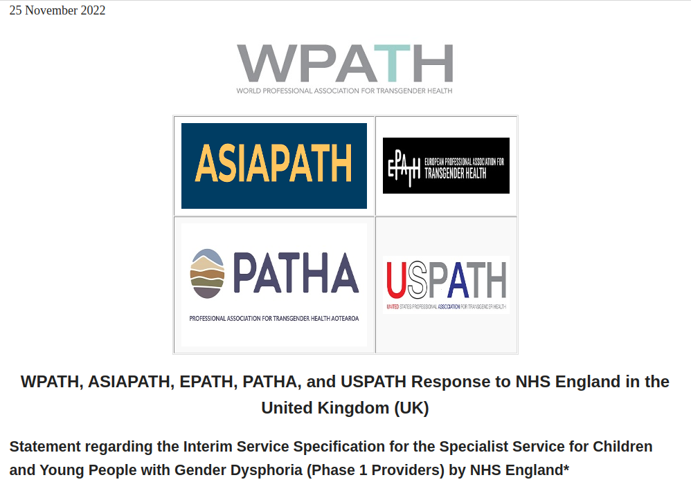 WPATH, ASIAPATH, EPATH, PATHA, and USPATH Response to NHS England in the United Kingdom (UK) Statement regarding the Interim Service Specification for the Specialist Service for Children and Young People with Gender Dysphoria (Phase 1 Providers) by NHS England*