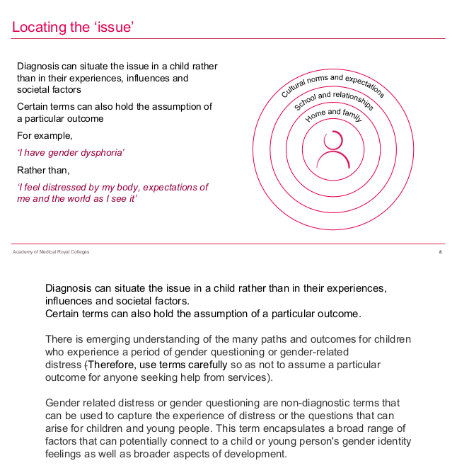 Presentation slide with additional text underneath.
The slide is titled "Locating the 'issue'"
Body text:
"Diagnosis can situate the issue in a child rather than in their experiences, influences and societal factors
Certain terms can hold the assumption of a particular outcome
For example,
'I have gender dysphoria'
Rather than,
'I feel distresed by my body, expectations of me and the world as I see it'
On the right of the slide is a diagram showing concentric circles around a stylised image of a person, labelled from inside to outside "Home and family", "School and relationships" and "Cultural norms and expectations".
Text under the slide reads:
"Diagnosis can situate the issue in a child rather than in their experiences, influences and societal factors.
Certain terms can also hold the assumption of a particular outcome.
There is emerging understanding of the many paths and outcomes for children who experience a period of gender questioning or gender-related distress" (Therefore, use terms carefully so as not to assume a particular outcome for anyone seeking help from services).
Gender related distress or gender questioning are non-diagnostic terms that can be used to capture the experience of distress or the questions that can arise for children and young people. This term encapsulates a broad range of factors that can potentially connect to a child or young person's gender identity feelings as well as broader aspects of development.”