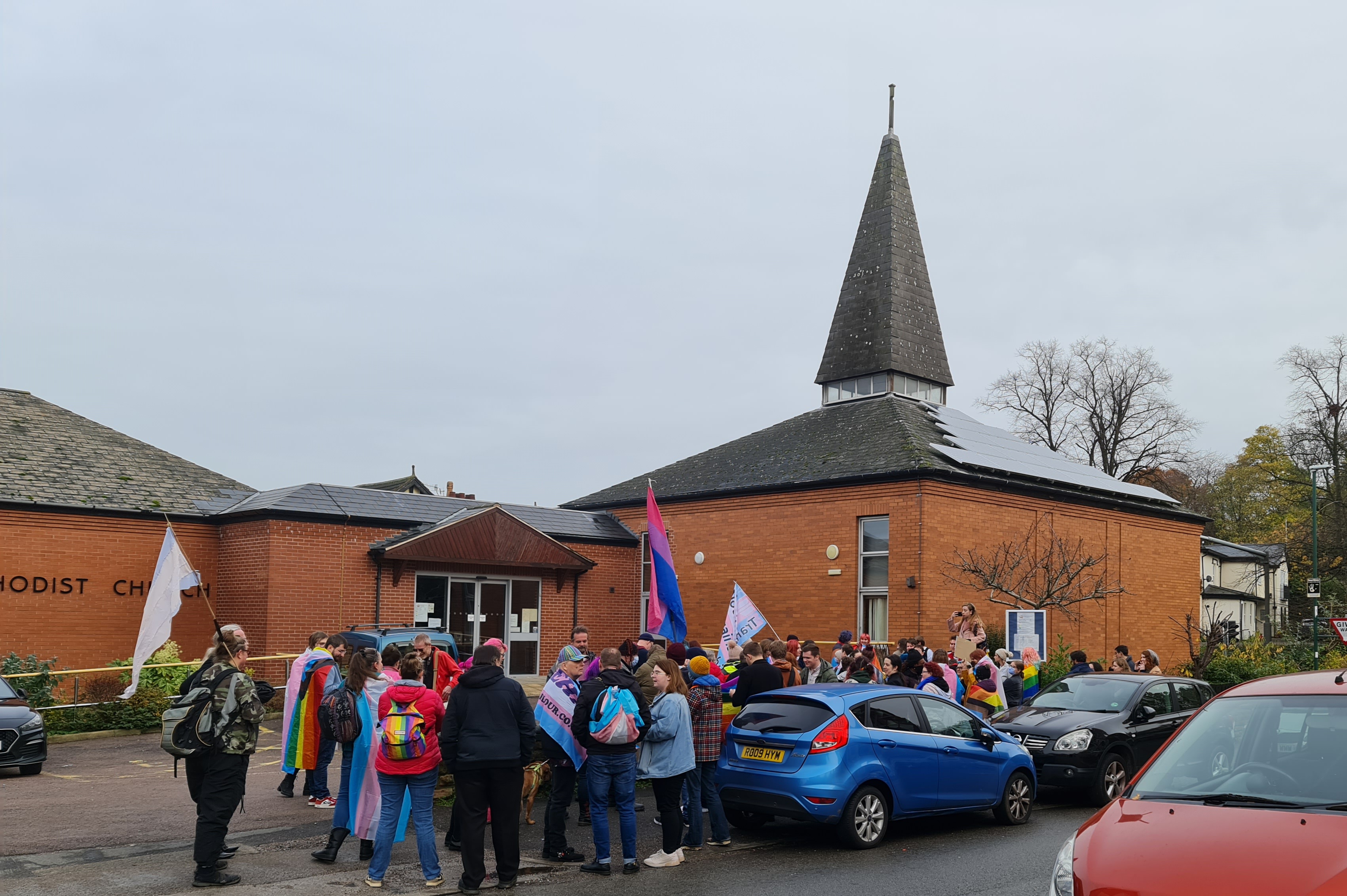 protestors gathered outside Sherwood Methodist Church
