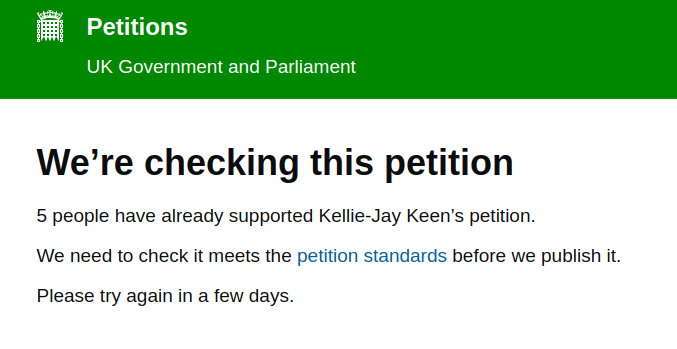 petitions.parliament.uk: &quot;We're checking this petition&quot;
