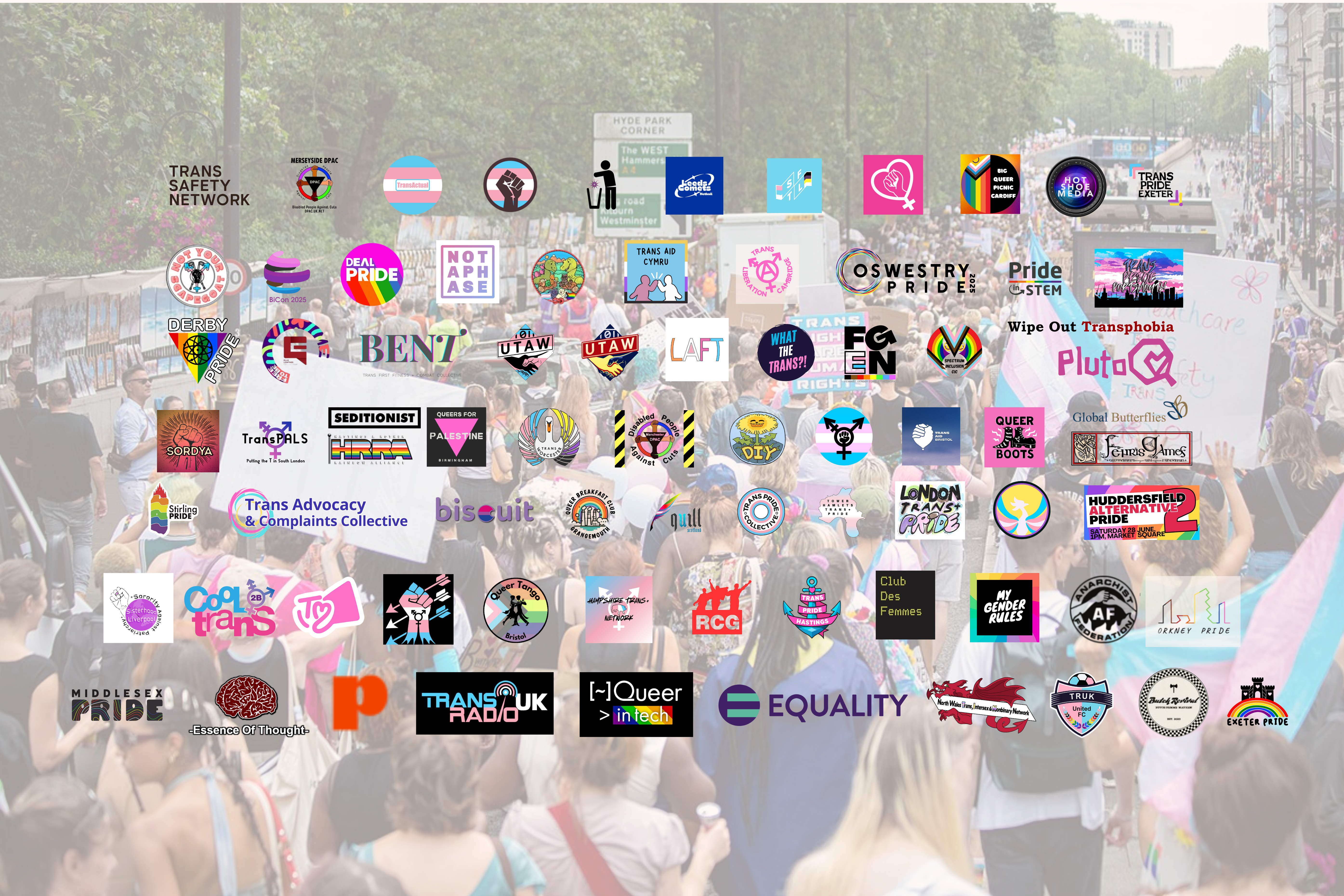 A large crowd of Trans Pride marchers in London with signs and trans pride flags, with the logos of various organisations supporting the open letter superimposed over them