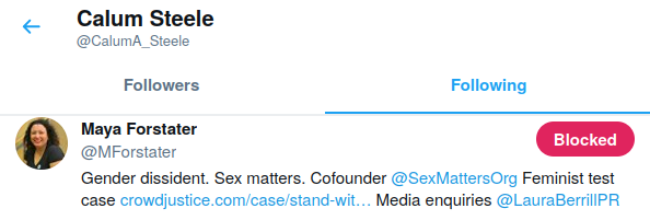 Steele follows Gender Critical cause celebre Maya Forstater on Twitter
