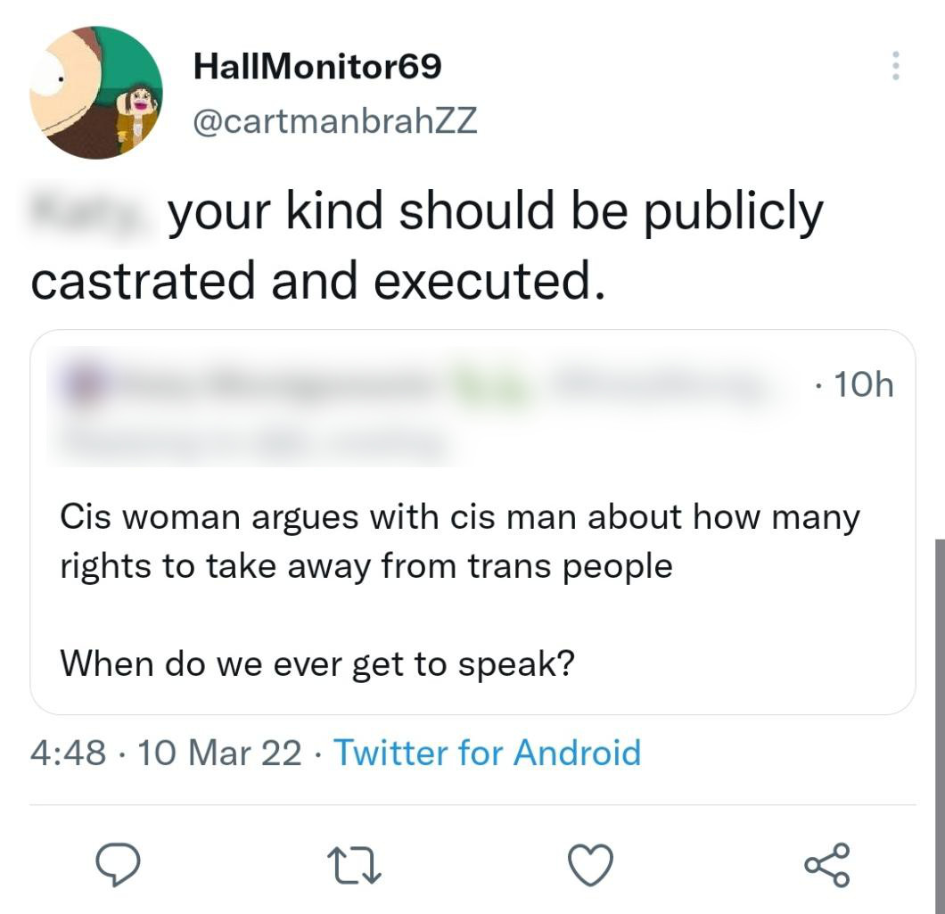 A screenshot from twitter. Text: 'your kind should be publicly castrated and executed'