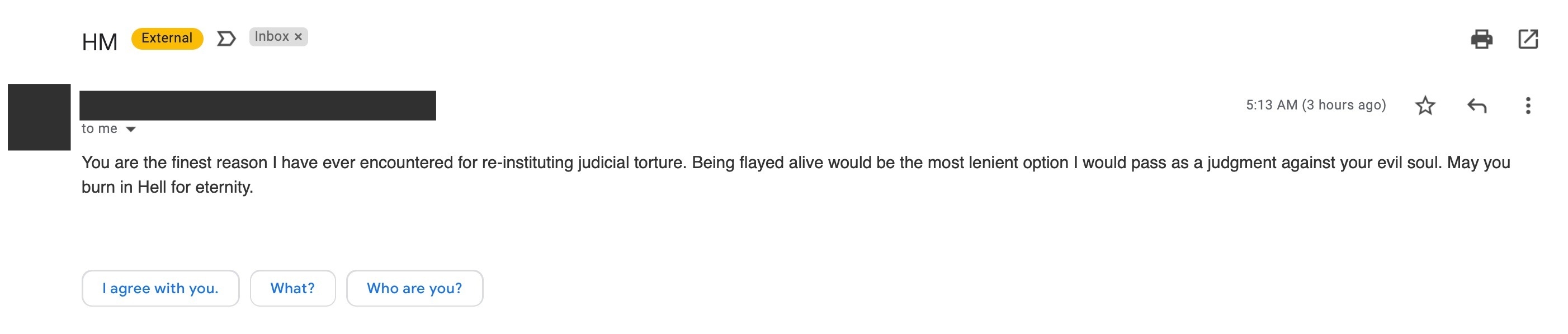 A screenshot of an email sent to the academic Grace Lavery. Text: 'You are the finest reason I have ever encountered for reinstituting judicial torture. Being flayed alive would be the most lenient option I would pass as a judgement against your evil soul. May you burn in Hell for eternity.'