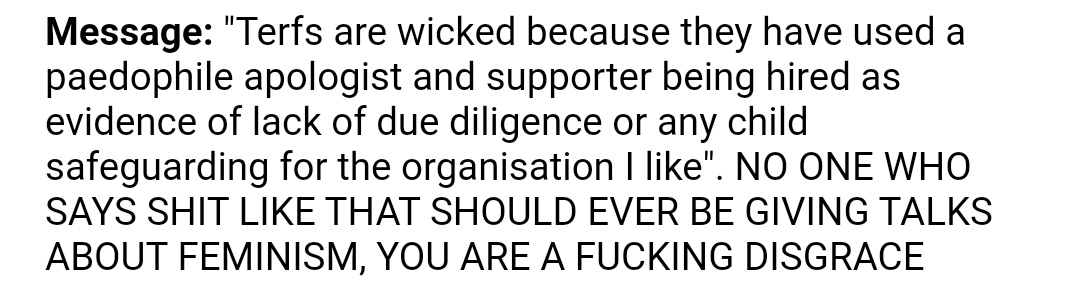 Image description: text from a website messaging feature. The text reads “ ‘Terfs are wicked because they have used a paedophile apologist and supporter being hired as evidence of lack of due diligence or any child safeguarding for the organisation I like’ No one who says shit like that should ever be giving talks about feminism, you are a fucking disgrace”